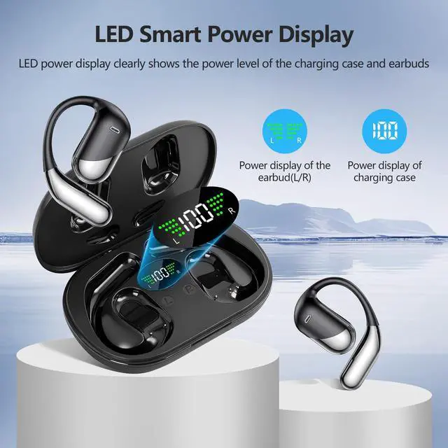Alt view image 3 of 7 - Open Ear Wireless Earbuds Headphones, Bluetooth 5.4, Built-in Mic, IPX7 Waterproof, LED Display Charging Case,Ear Hooks Clip Ear BudsDesign for Running Fitness Workout Office Game Gym