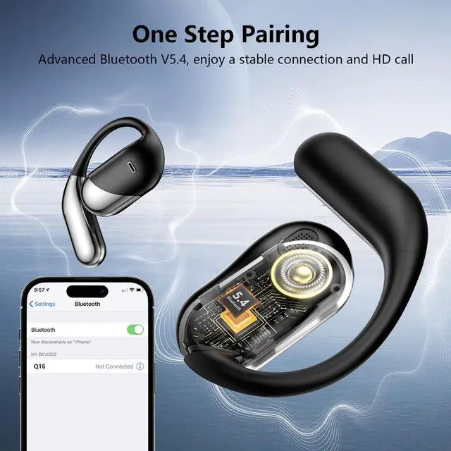 Alt view image 5 of 7 - Open Ear Wireless Earbuds Headphones, Bluetooth 5.4, Built-in Mic, IPX7 Waterproof, LED Display Charging Case,Ear Hooks Clip Ear BudsDesign for Running Fitness Workout Office Game Gym