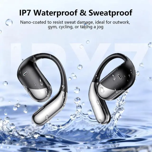 Alt view image 6 of 7 - Open Ear Wireless Earbuds Headphones, Bluetooth 5.4, Built-in Mic, IPX7 Waterproof, LED Display Charging Case,Ear Hooks Clip Ear BudsDesign for Running Fitness Workout Office Game Gym