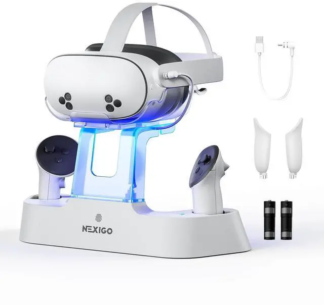 Main image of Enhanced Charging Dock for Meta Quest 3 and 3S, with LED Light [On/Off], [Support Elite Strap with Battery], Headset Display Holder and Controller Mount, Rechargeable Batteries, White