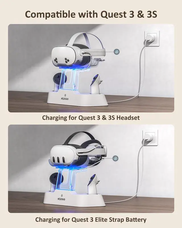 Alt view image 2 of 7 - Enhanced Charging Dock for Meta Quest 3 and 3S, with LED Light [On/Off], [Support Elite Strap with Battery], Headset Display Holder and Controller Mount, Rechargeable Batteries, White