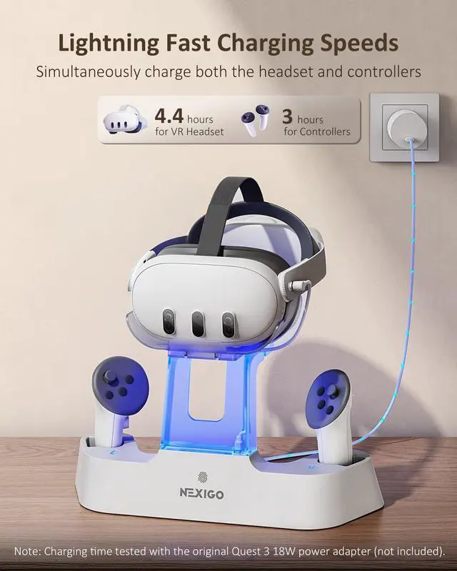 Alt view image 3 of 7 - Enhanced Charging Dock for Meta Quest 3 and 3S, with LED Light [On/Off], [Support Elite Strap with Battery], Headset Display Holder and Controller Mount, Rechargeable Batteries, White