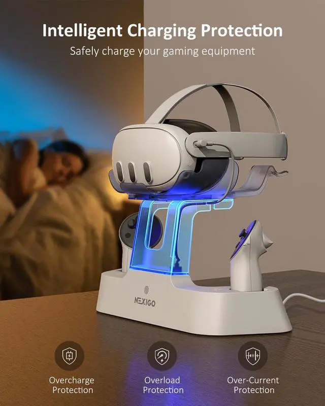 Alt view image 6 of 7 - Enhanced Charging Dock for Meta Quest 3 and 3S, with LED Light [On/Off], [Support Elite Strap with Battery], Headset Display Holder and Controller Mount, Rechargeable Batteries, White