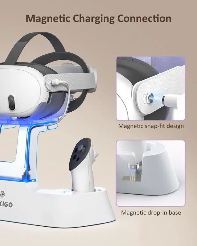 Alt view image 5 of 7 - Enhanced Charging Dock for Meta Quest 3 and 3S, with LED Light [On/Off], [Support Elite Strap with Battery], Headset Display Holder and Controller Mount, Rechargeable Batteries, White