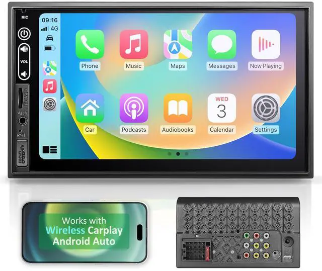 Main image of Double Din Car Stereo Compatible with Wireless Apple Carplay, Android Auto - 7" Touch Screen Car Audio Receiver with Bluetooth, AUX, FM Car Radio