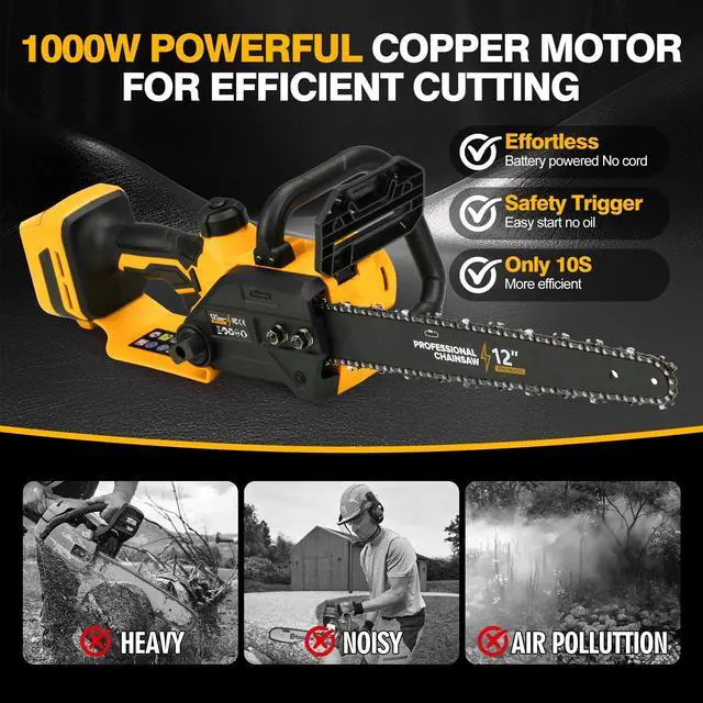 Alt view image 2 of 7 - Brushless Electric Chainsaw 12" Cordless Tool Only for Dewalt 20V/60V Battery with Auto Oiler & Security Lock, for Tree Trimming and Branch Wood Cutting (Tool Only) (for DeWalt 20v Battery)