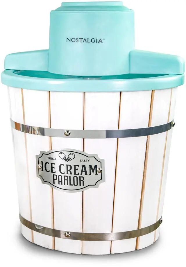 Main image of Electric Ice Cream Maker  Wood Bucket Parlor Style, Old Fashioned Soft Serve Ice Cream Machine Makes Frozen Yogurt or Gelato in Minutes - Fun Kitchen Appliance  White & Aqua - 4 Quart