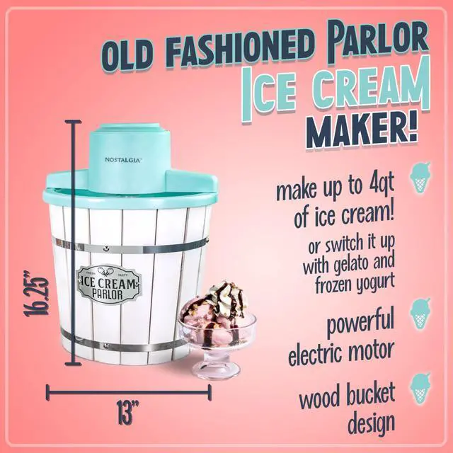 Alt view image 2 of 6 - Electric Ice Cream Maker  Wood Bucket Parlor Style, Old Fashioned Soft Serve Ice Cream Machine Makes Frozen Yogurt or Gelato in Minutes - Fun Kitchen Appliance  White & Aqua - 4 Quart