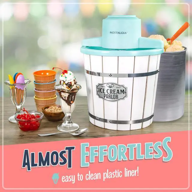 Alt view image 5 of 6 - Electric Ice Cream Maker  Wood Bucket Parlor Style, Old Fashioned Soft Serve Ice Cream Machine Makes Frozen Yogurt or Gelato in Minutes - Fun Kitchen Appliance  White & Aqua - 4 Quart