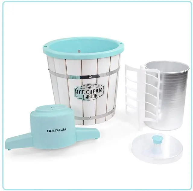 Alt view image 6 of 6 - Electric Ice Cream Maker  Wood Bucket Parlor Style, Old Fashioned Soft Serve Ice Cream Machine Makes Frozen Yogurt or Gelato in Minutes - Fun Kitchen Appliance  White & Aqua - 4 Quart