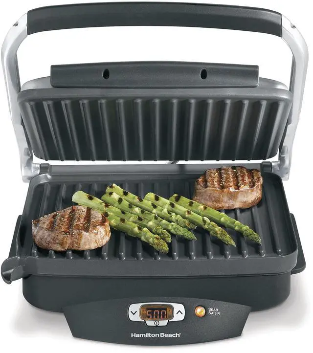 Main image of Steak Lover's Electric Indoor Searing Grill, Nonstick 100 Square, Stainless Steel (25331), Black and Stainless, Medium