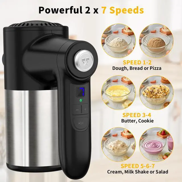 Alt view image 3 of 7 - Cordless Hand Mixer, Digital Display 7 Speed Rechargeable Electric Mixer Handheld with 6 Stainless Steel Attachments Whisks Beaters Dough Hooks & Storage Base, Kitchen Blender for Baking, Eggs, Cakes