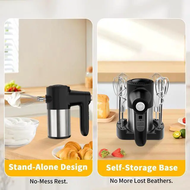 Alt view image 6 of 7 - Cordless Hand Mixer, Digital Display 7 Speed Rechargeable Electric Mixer Handheld with 6 Stainless Steel Attachments Whisks Beaters Dough Hooks & Storage Base, Kitchen Blender for Baking, Eggs, Cakes