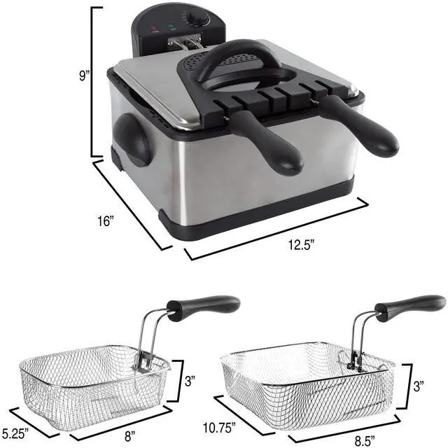 Alt view image 3 of 5 - Deep Fryer - 4-Liter Electric Oil Fryer - 1 Large Basket and 2 Small for Dual Use - Stainless-Steel Cooker with Cool Touch Features by