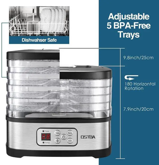 Alt view image 5 of 7 - Food Dehydrator Machine Adjustable Temperature & 72H Timer, 5-Tray Dehydrators for Food and Jerky, Fruit, Dog Treats, Herbs, Snacks, LED Display, 240W Electric Food Dryer, Recipe Book