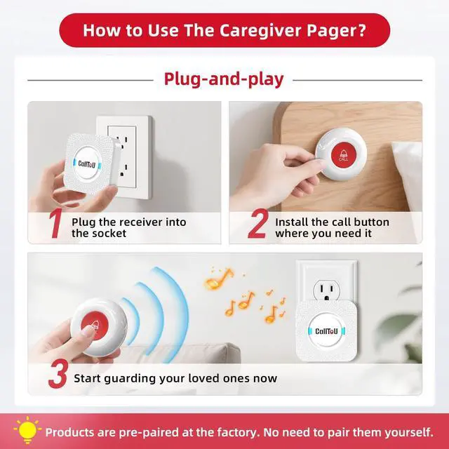 Alt view image 5 of 7 - Wireless Caregiver Pager Call Button Call Bell Medical Alert System for Seniors Patients Elderly at Home 2 Waterproof Transmitters 3 Plugin Receivers
