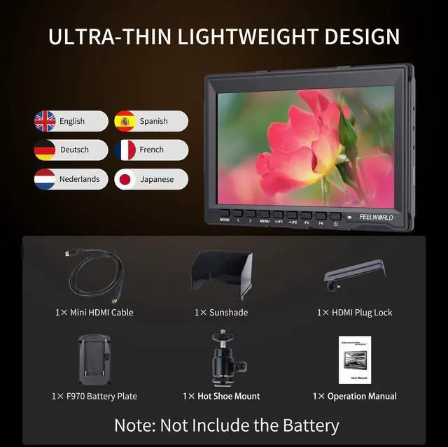 Alt view image 7 of 7 - FW759 7 Inch DSLR Camera Field Monitor HD Video Assist Slim IPS 1280x800 4K HDMI 1080p with Sunshade