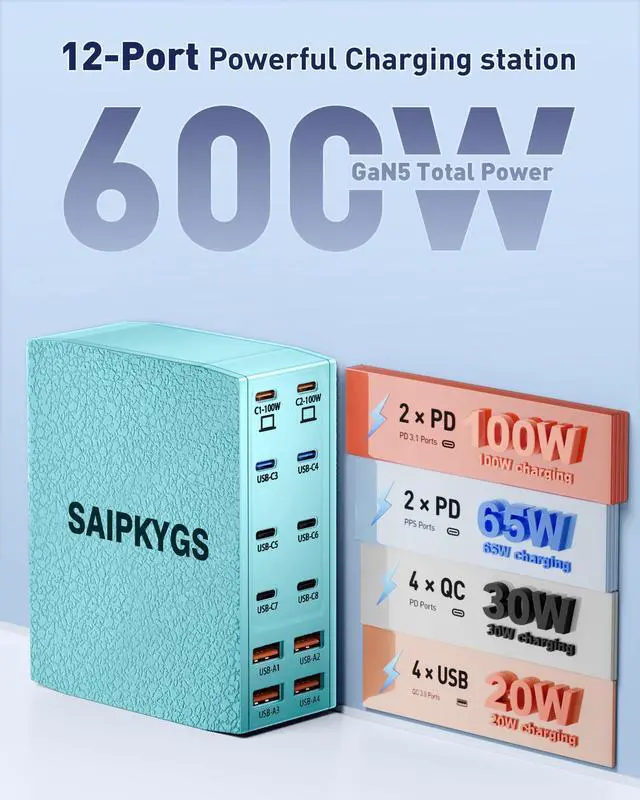 Alt view image 2 of 6 - Charging Station (600W),12-Port USB C Charger Block with Dual 100W PD USB-C Fast Charging Station Hub for MacBook Pro/Air/All iPad Phone 17/16 15/14/13/Pro Max/Samsung Galaxy Note(Green)