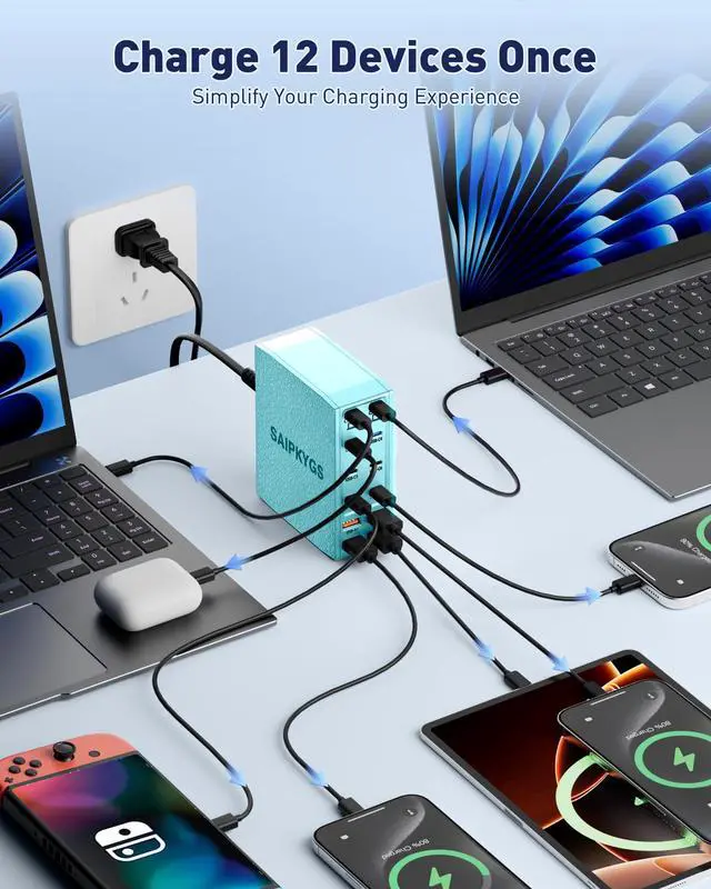 Alt view image 4 of 6 - Charging Station (600W),12-Port USB C Charger Block with Dual 100W PD USB-C Fast Charging Station Hub for MacBook Pro/Air/All iPad Phone 17/16 15/14/13/Pro Max/Samsung Galaxy Note(Green)