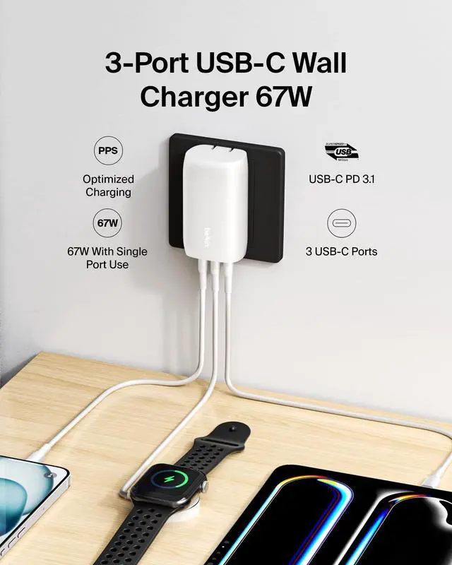 Alt view image 2 of 5 - 3-Port USB C Charger Block 67W - PPS USB-C PD3.1 PPS Super Fast Charging - Samsung Galaxy S25, Apple iPhone 17, Air, Pro, MacBook, AirPods, Apple Watch, Nintendo Switch 2 & More - White, 2-Pack