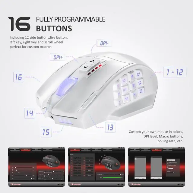 Alt view image 5 of 6 - Venus Pro Wireless MMO Gaming Mouse, 16,000 DPI Optical Sensor, 2.4 GHz Transmission Technology, Ergonomic Design, 16M Chroma RGB Lighting, 16 Programmable Buttons, Up to 70H