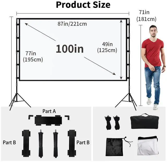 Alt view image 2 of 5 - Projector Screen with Stand, 100 inch Outdoor Projector Screen Portable Indoor Projection Screen 16:9 4K Rear Front Movie Screen with Carry Bag for Home Backyard Theater