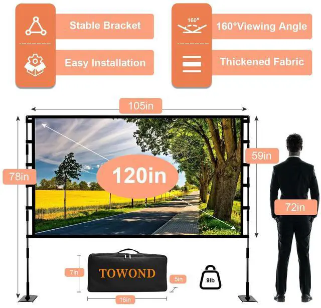 Alt view image 2 of 7 - Projector Screen and Stand, 120 inch Outdoor Projector Screen Indoor, Portable Movie Screen 16:9 4K Front Rear Projection Screen with Carry Bag Wrinkle-Free Design for Home Backyard Theater