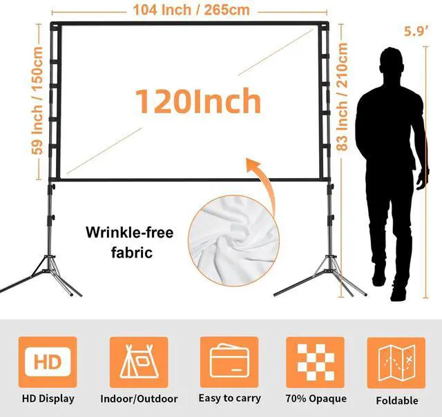 Alt view image 6 of 6 - Projector Screen and Stand, 120 inch Portable Projector Screen Indoor Outdoor Projection Screen 16:9 4K HD Wrinkle-Free Light-Weight Movie Screen with Carry Bag for Backyard Movie Night