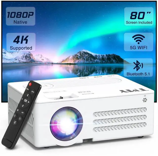 Main image of Projector with WiFi and Bluetooth80" screen includedNative 1080P Outdoor Projector, 4K Supported Portable Projector, Compatible with iOS/Android/PC/TV Stick/HDMI/USB, Indoor Outdoor Use