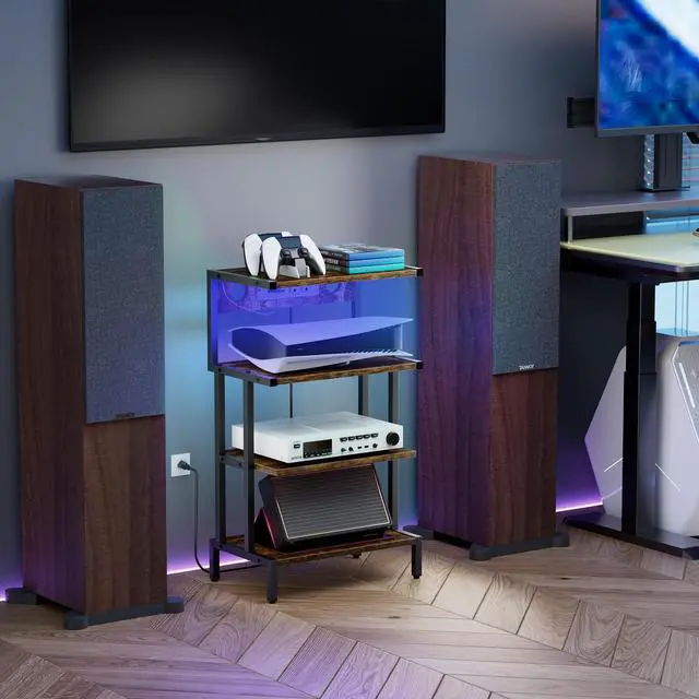 Alt view image 2 of 7 - Video Game Console Shelf, Stereo Racks - Media Stand with Outlet & Led Strip Light, 4-Tier Gaming Shelf for PS4 PS5 Xbox Games Organizer, Small Entertainment Center, AV Media Stand for CD DVD