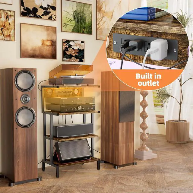 Alt view image 4 of 7 - Video Game Console Shelf, Stereo Racks - Media Stand with Outlet & Led Strip Light, 4-Tier Gaming Shelf for PS4 PS5 Xbox Games Organizer, Small Entertainment Center, AV Media Stand for CD DVD