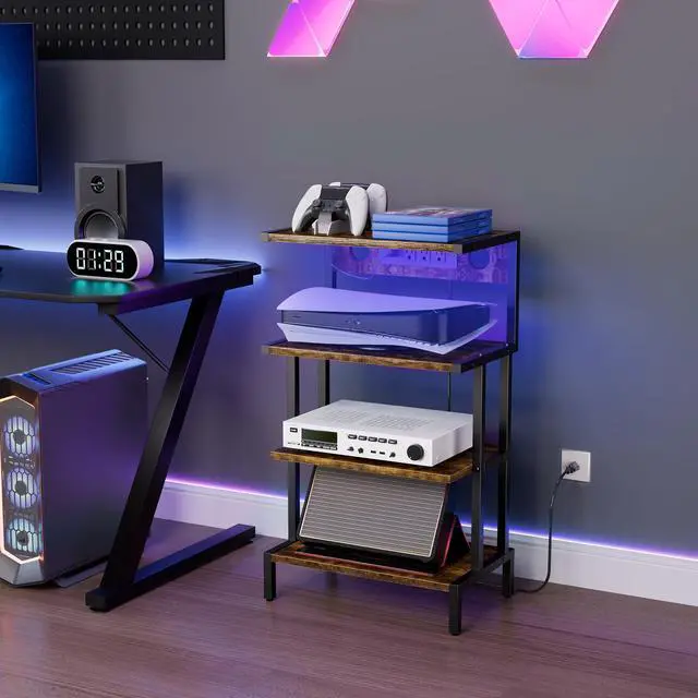 Alt view image 6 of 7 - Video Game Console Shelf, Stereo Racks - Media Stand with Outlet & Led Strip Light, 4-Tier Gaming Shelf for PS4 PS5 Xbox Games Organizer, Small Entertainment Center, AV Media Stand for CD DVD