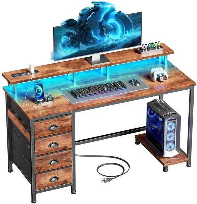 Main image of 47" Computer Desk with 4 Fabric Drawers & Monitor Stand, Gaming Desk with Power Outlets - LED Lights, Home Office Space-Saving Study Table for Bedroom Small Spaces (Rustic Brown)