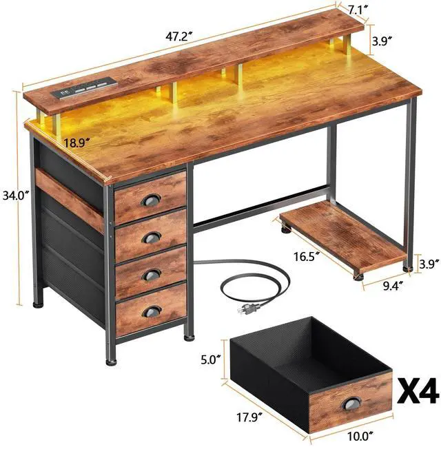Alt view image 2 of 7 - 47" Computer Desk with 4 Fabric Drawers & Monitor Stand, Gaming Desk with Power Outlets - LED Lights, Home Office Space-Saving Study Table for Bedroom Small Spaces (Rustic Brown)