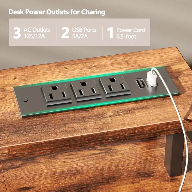 Alt view image 3 of 7 - 47" Computer Desk with 4 Fabric Drawers & Monitor Stand, Gaming Desk with Power Outlets - LED Lights, Home Office Space-Saving Study Table for Bedroom Small Spaces (Rustic Brown)