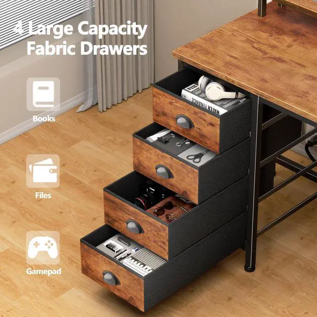 Alt view image 4 of 7 - 47" Computer Desk with 4 Fabric Drawers & Monitor Stand, Gaming Desk with Power Outlets - LED Lights, Home Office Space-Saving Study Table for Bedroom Small Spaces (Rustic Brown)