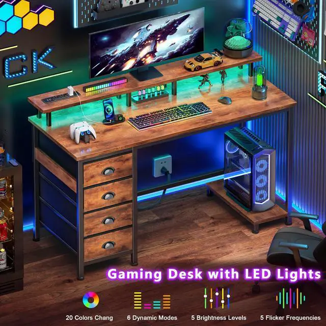Alt view image 5 of 7 - 47" Computer Desk with 4 Fabric Drawers & Monitor Stand, Gaming Desk with Power Outlets - LED Lights, Home Office Space-Saving Study Table for Bedroom Small Spaces (Rustic Brown)