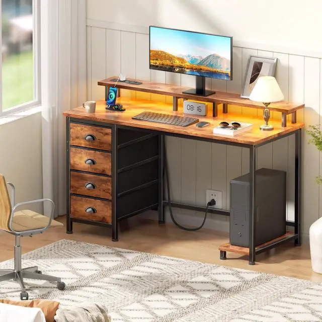 Alt view image 7 of 7 - 47" Computer Desk with 4 Fabric Drawers & Monitor Stand, Gaming Desk with Power Outlets - LED Lights, Home Office Space-Saving Study Table for Bedroom Small Spaces (Rustic Brown)