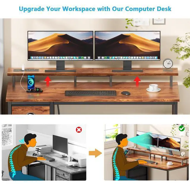 Alt view image 6 of 7 - 47" Computer Desk with 4 Fabric Drawers & Monitor Stand, Gaming Desk with Power Outlets - LED Lights, Home Office Space-Saving Study Table for Bedroom Small Spaces (Rustic Brown)