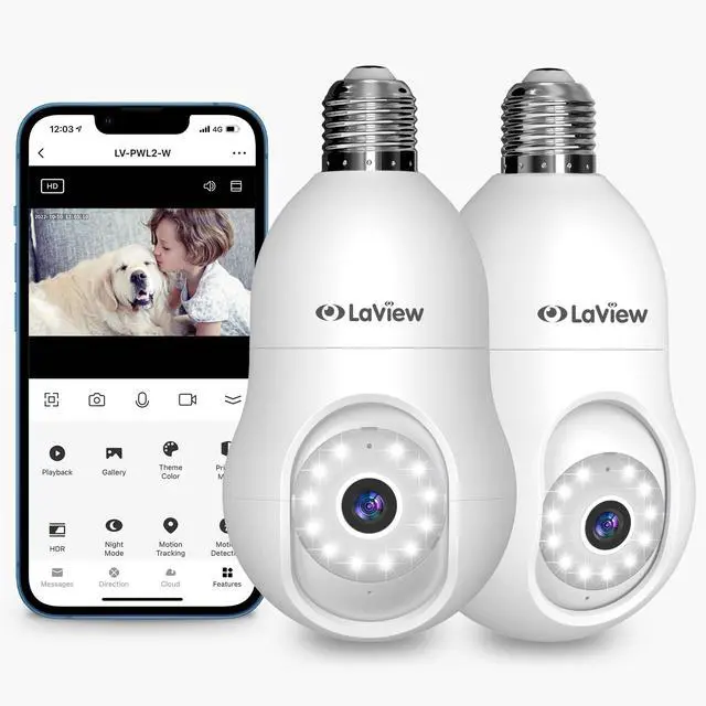 Main image of 4MP Bulb Security Camera 2.4GHz,360° 2K Security Cameras Wireless Outdoor Indoor Full Color Day and Night, Motion Detection, Audible Alarm, Easy Installation, Compatible with Alexa (2 Pack)