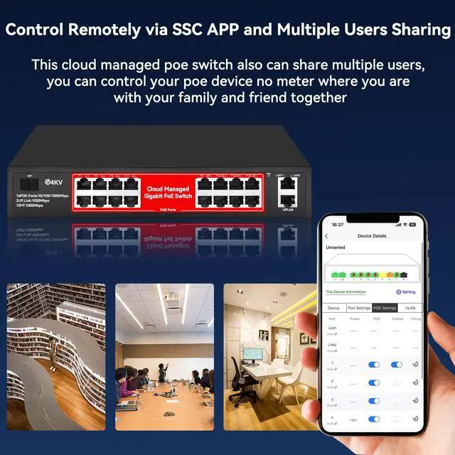 Alt view image 6 of 7 - 16 Port Gigabit PoE Switch, Smart Managed Gigabit Ethernet Switch, 16 PoE+ Ports@240W, Plug and Play, Vlan, Fanless, Desktop or Rackmount, Overload Protection w/ Port