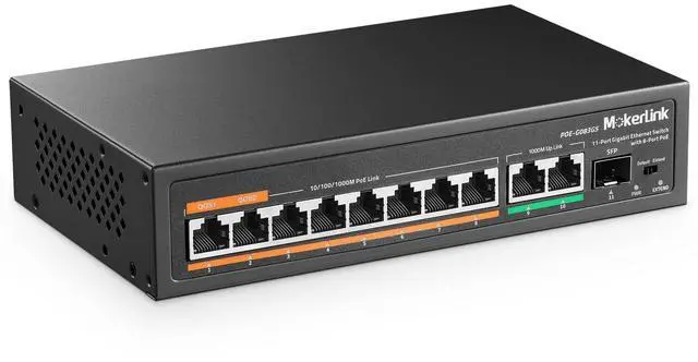 Main image of 11 Port Gigabit PoE Switch with 8 PoE+ Port, 2 Gigabit Uplink, 1 SFP Port, 120W AI Detection, Qos, Fanless Metal Plug & Play Unmanaged Network Switch