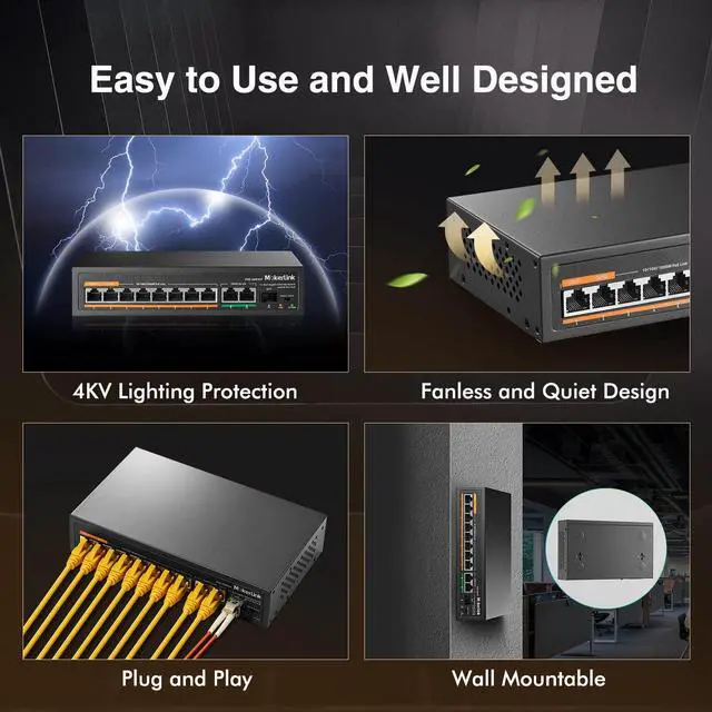 Alt view image 5 of 7 - 11 Port Gigabit PoE Switch with 8 PoE+ Port, 2 Gigabit Uplink, 1 SFP Port, 120W AI Detection, Qos, Fanless Metal Plug & Play Unmanaged Network Switch