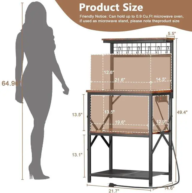 Alt view image 4 of 7 - Kitchen Bakers Rack with Power Outlet, Microwave Oven Stand with Storage 4 Tiers, Coffee Bar Table with 6 S Hooks, Kitchen Storage Shelf Rack for Spices, Pots, Rustic Brown