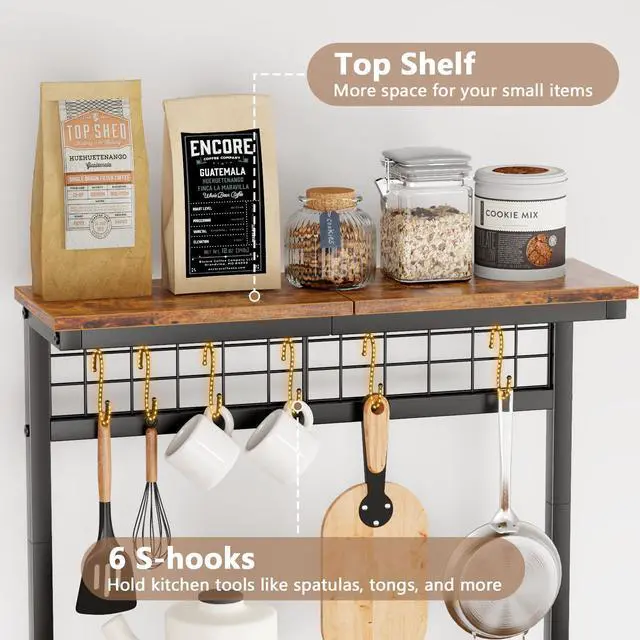 Alt view image 6 of 7 - Kitchen Bakers Rack with Power Outlet, Microwave Oven Stand with Storage 4 Tiers, Coffee Bar Table with 6 S Hooks, Kitchen Storage Shelf Rack for Spices, Pots, Rustic Brown