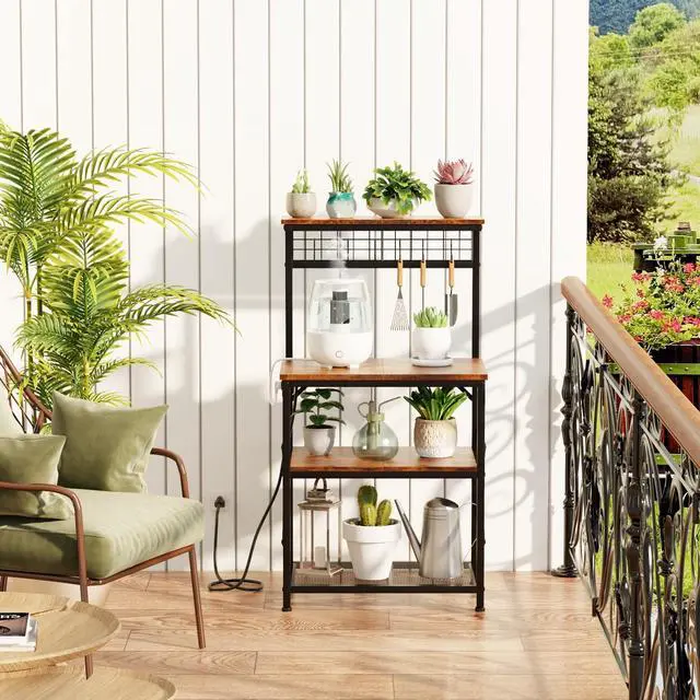 Alt view image 7 of 7 - Kitchen Bakers Rack with Power Outlet, Microwave Oven Stand with Storage 4 Tiers, Coffee Bar Table with 6 S Hooks, Kitchen Storage Shelf Rack for Spices, Pots, Rustic Brown