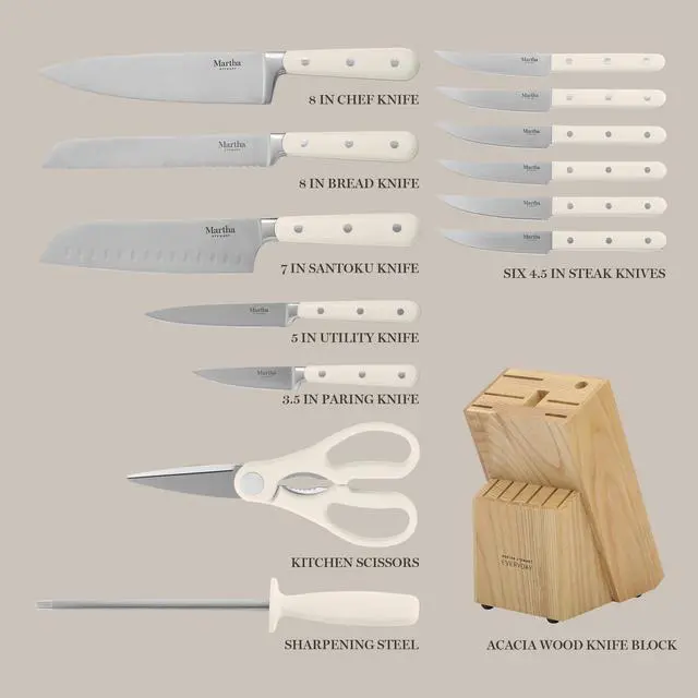 Alt view image 2 of 6 - Eastwalk 14 Piece High Carbon Stainless Steel Cutlery Kitchen Knife Block Set w/ABS Triple Riveted Forged Handle Acacia Wood Block - Linen White