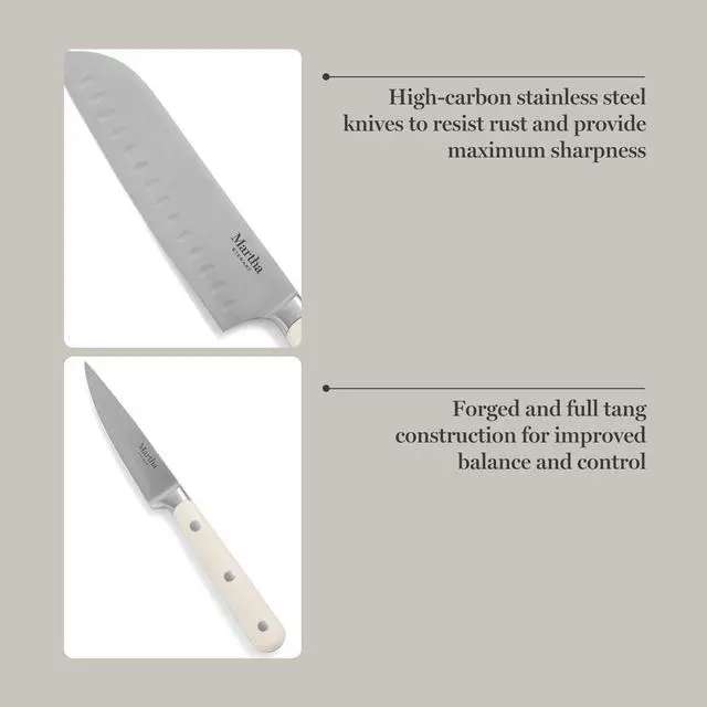 Alt view image 3 of 6 - Eastwalk 14 Piece High Carbon Stainless Steel Cutlery Kitchen Knife Block Set w/ABS Triple Riveted Forged Handle Acacia Wood Block - Linen White