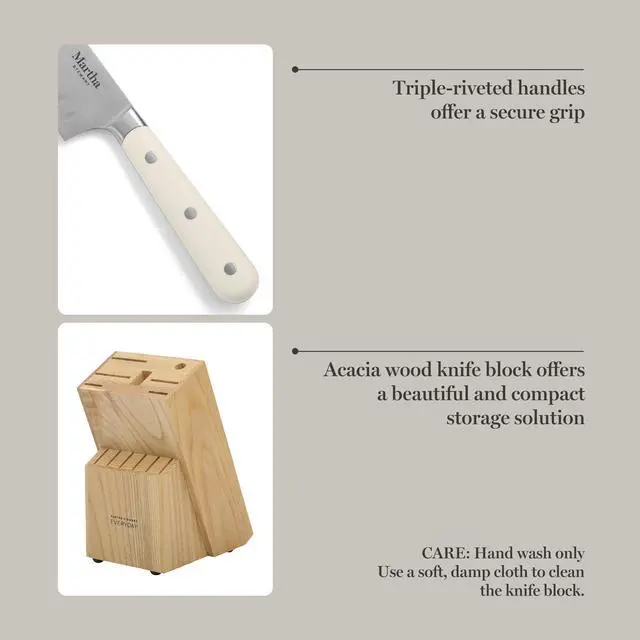 Alt view image 4 of 6 - Eastwalk 14 Piece High Carbon Stainless Steel Cutlery Kitchen Knife Block Set w/ABS Triple Riveted Forged Handle Acacia Wood Block - Linen White