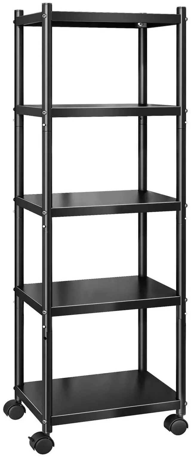 Alt view image 4 of 7 - 5-Tier Kitchen Storage Shelves, Adjustable Metal Shelves for Storage Pantry Shelves with Rolling Wheels, Storage Rack Shelving Unit Organizer for Bedroom Laundry Closet
